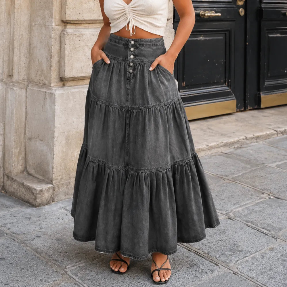 Romella – High Waisted Tiered A-Line Denim Maxi Skirt for Women
