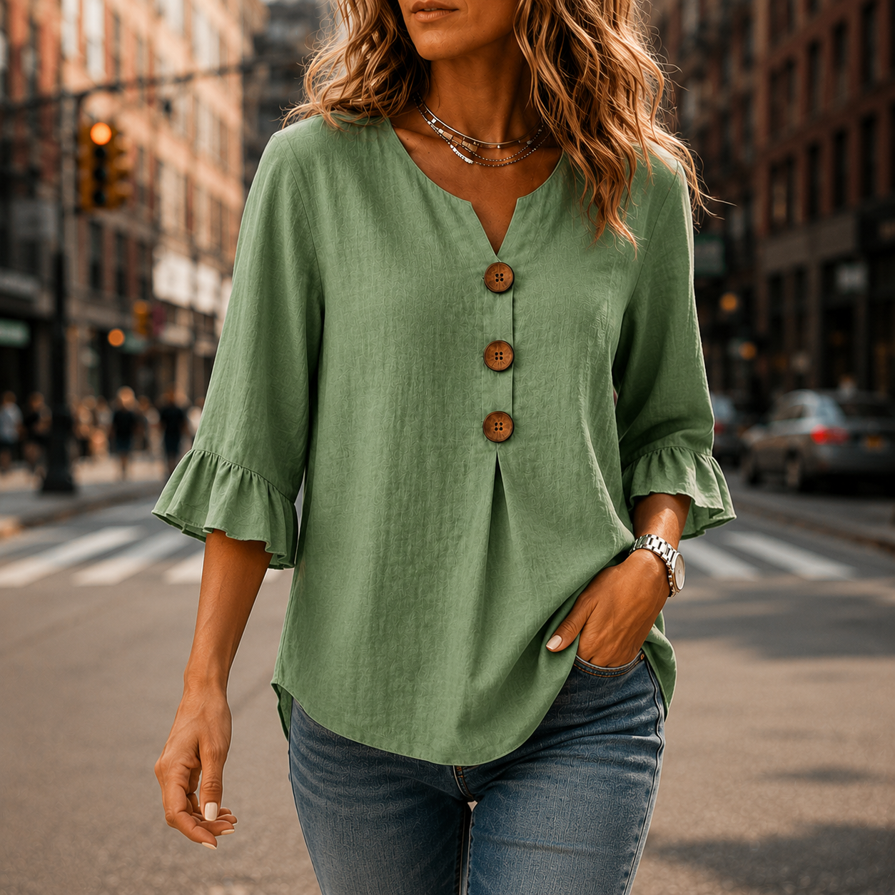 Laurelle™ – V-Neck Ruffle Sleeve Blouse with Buttons