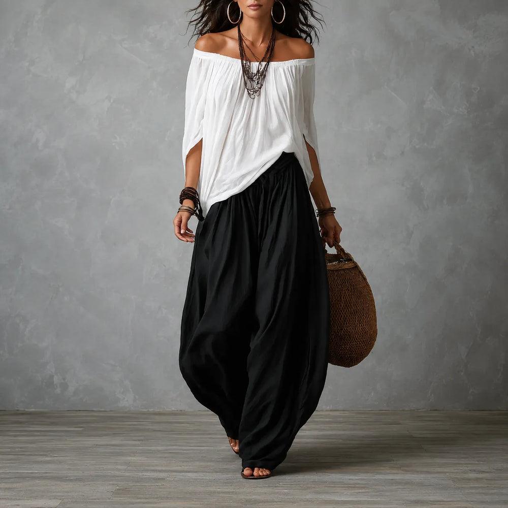 Solenza – Off-Shoulder Boho Top and Lantern Pants Set for Women