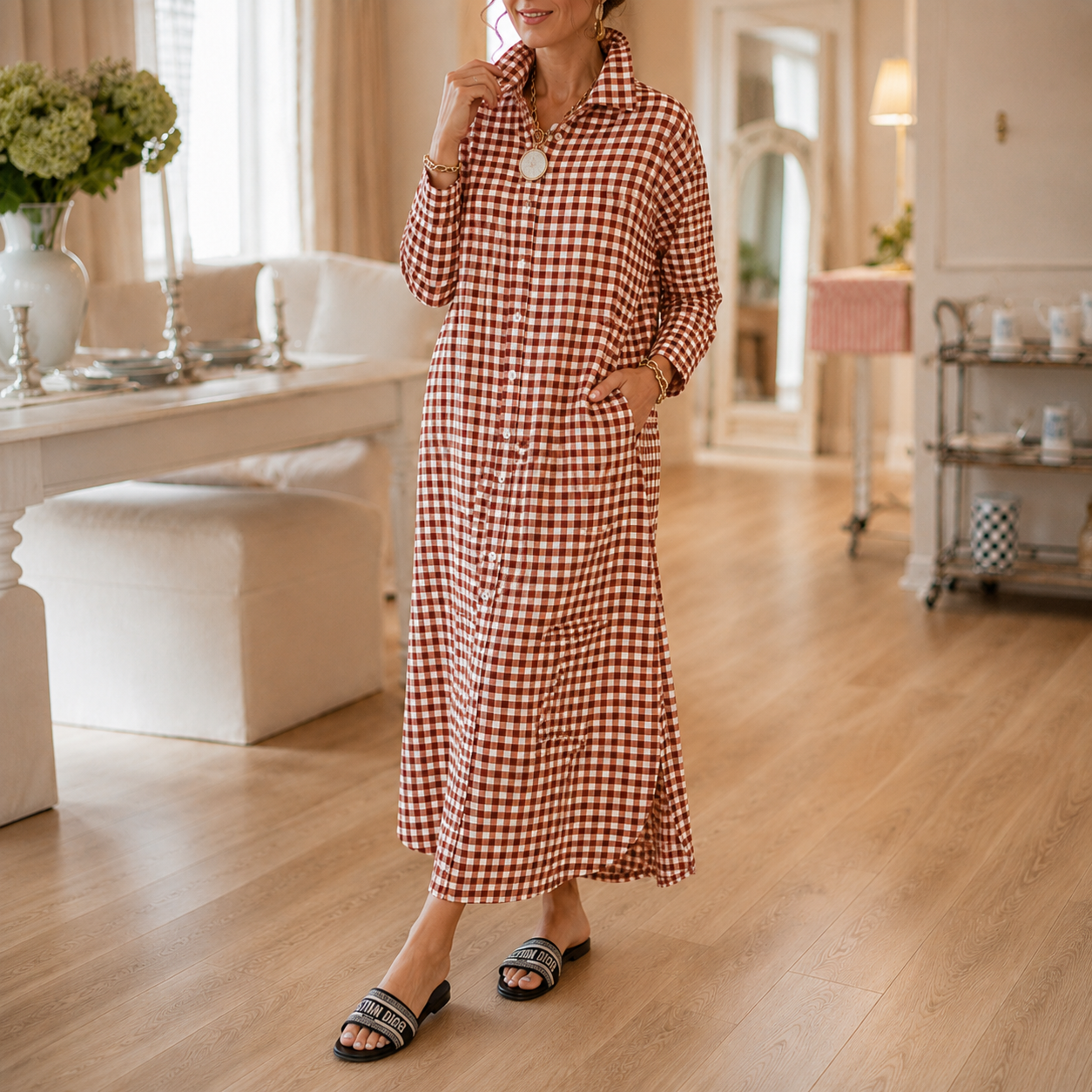 Harlowe™ – Gingham Button-Front Maxi Shirt Dress with Side Slits