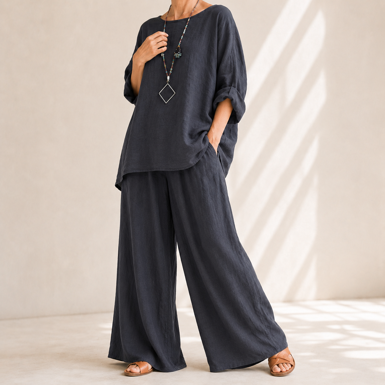 Lunavia™ – Oversized Cotton-Linen Two-Piece Set with Wide-Leg Pants