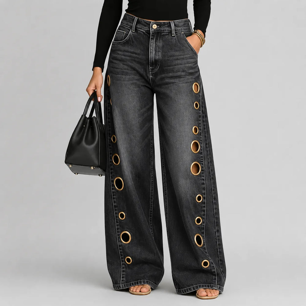 Velmora – Wide Leg Jeans with Brass Grommet Side Detail, High Rise
