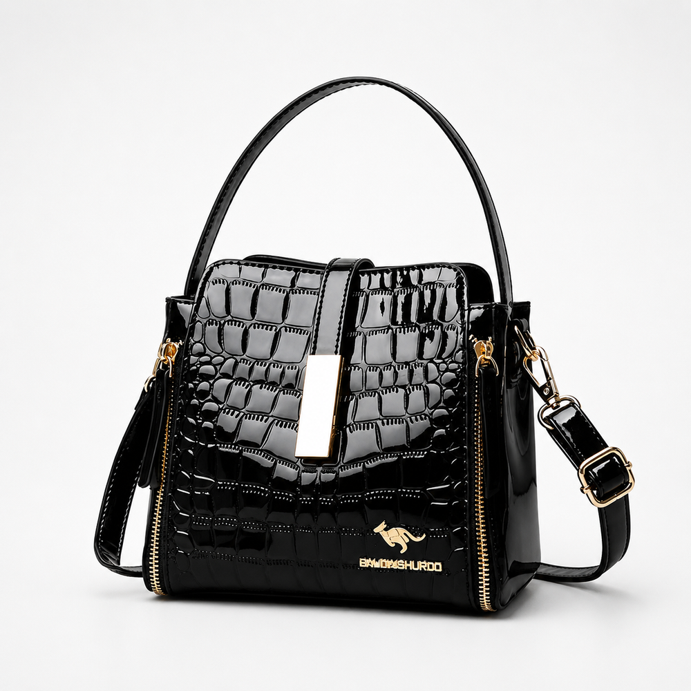 Velora – Glossy Croc Embossed Crossbody Handbag with Gold Hardware