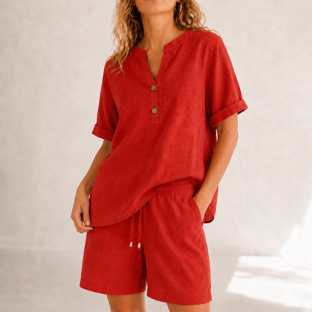 Lunessa™ – Cotton Linen 2 Piece Set Women Henley Top and Drawstring Shorts