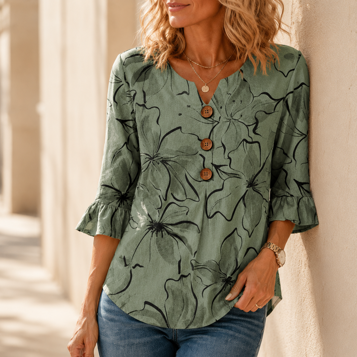 Roselisse™ – Watercolor Floral Ruffle Sleeve V-Neck Blouse