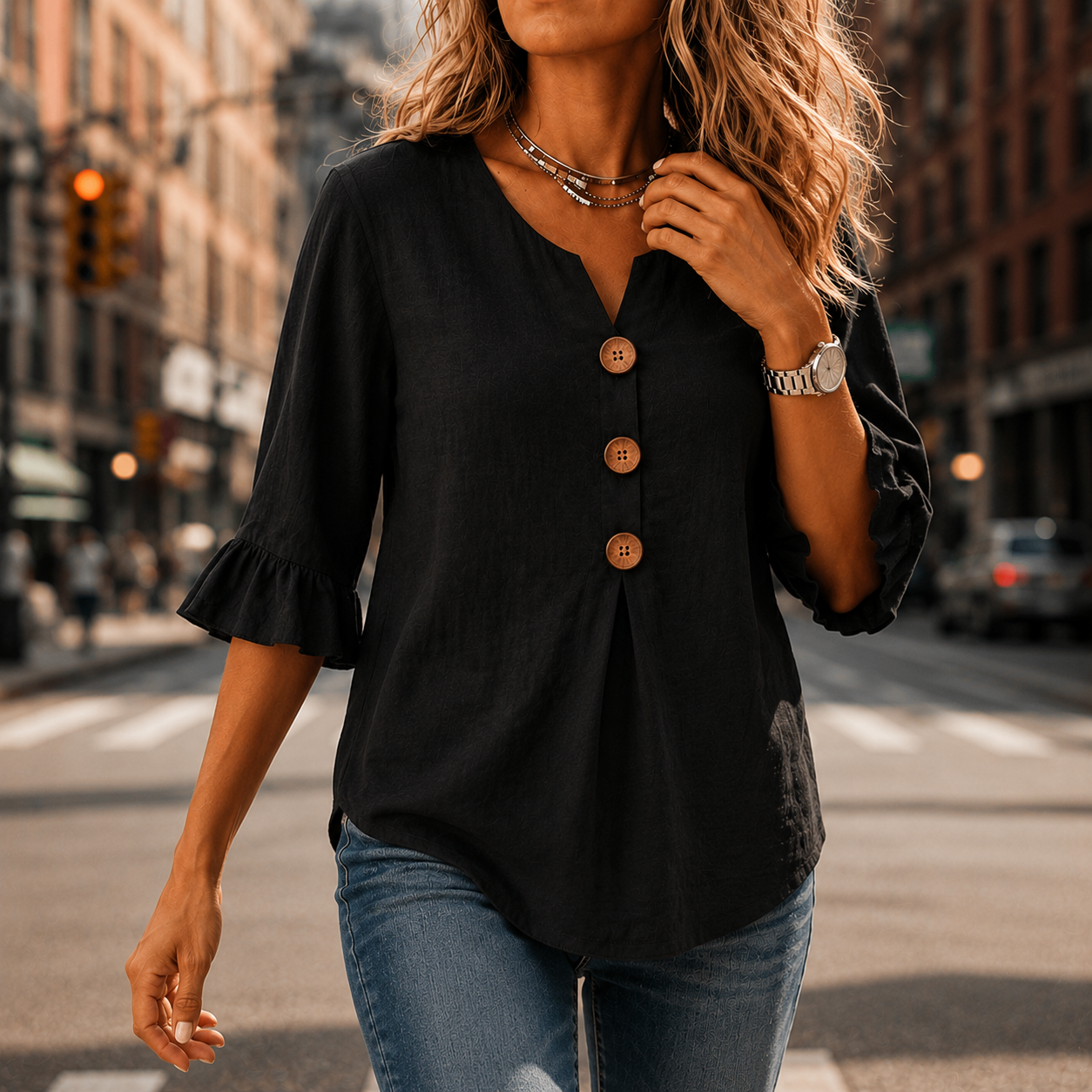 Laurelle™ – V-Neck Ruffle Sleeve Blouse with Buttons