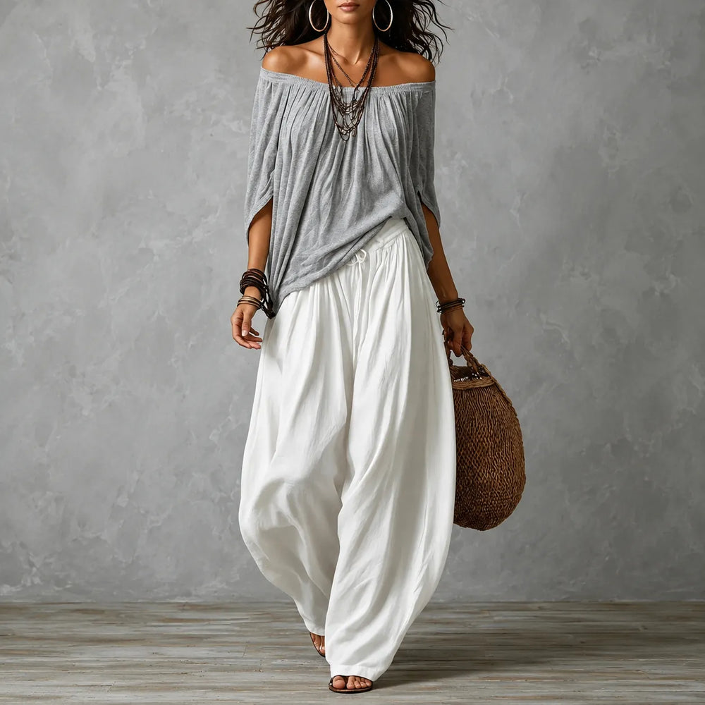 Solenza – Off-Shoulder Boho Top and Lantern Pants Set for Women