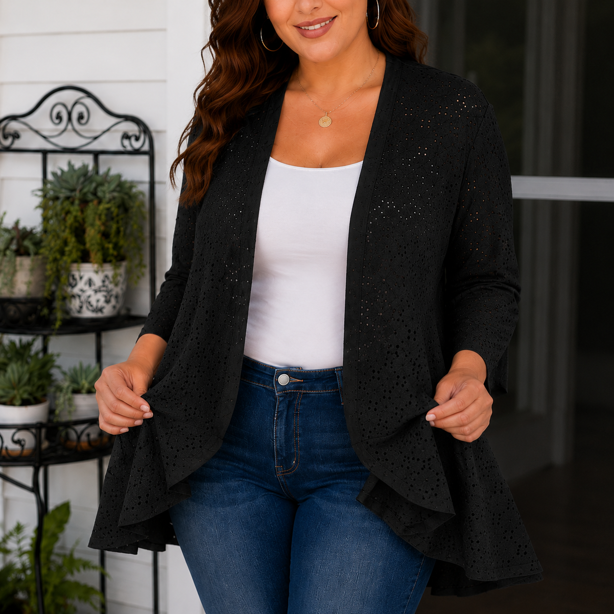 Veluna™ – Lightweight Eyelet Open-Front Cardigan for Women, 3/4 Sleeve Ruffle Hem Summer Layer