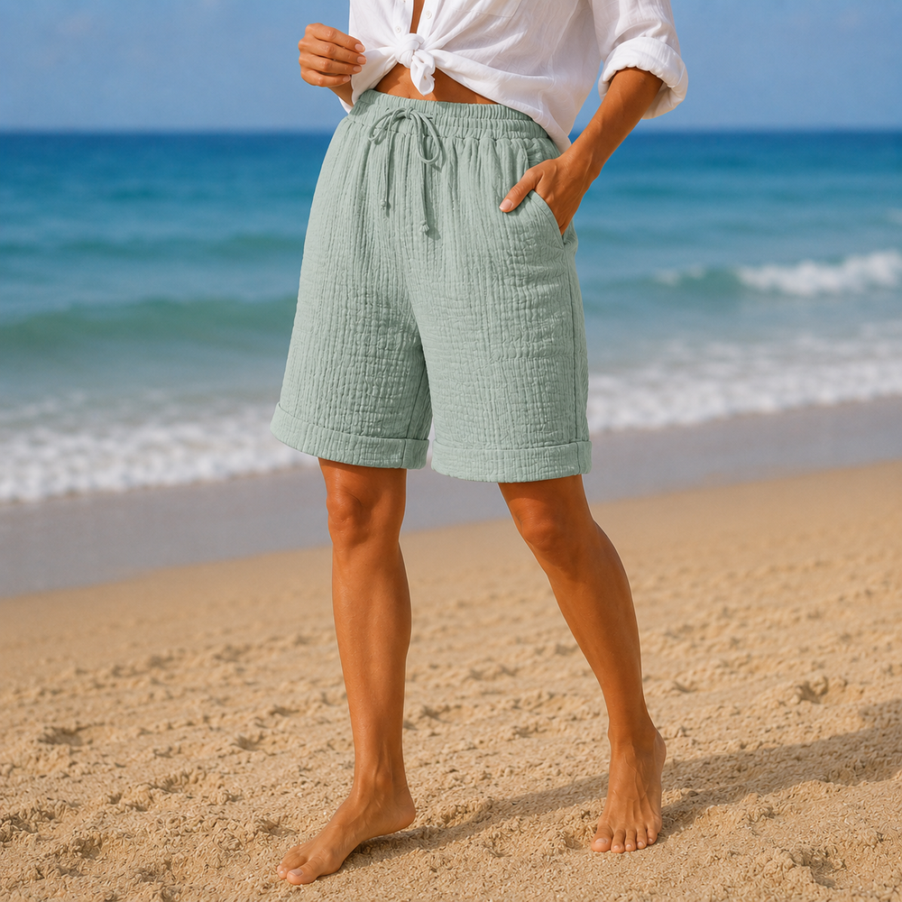 Brisella™ – Crinkle Bermuda Shorts with Drawstring Waist and Pockets