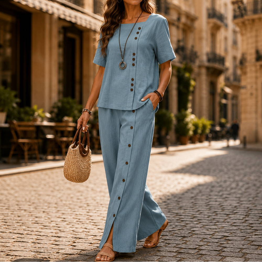 Lunelle™ – Women's Linen 2-Piece Set with Wide-Leg Pants and Button Detail