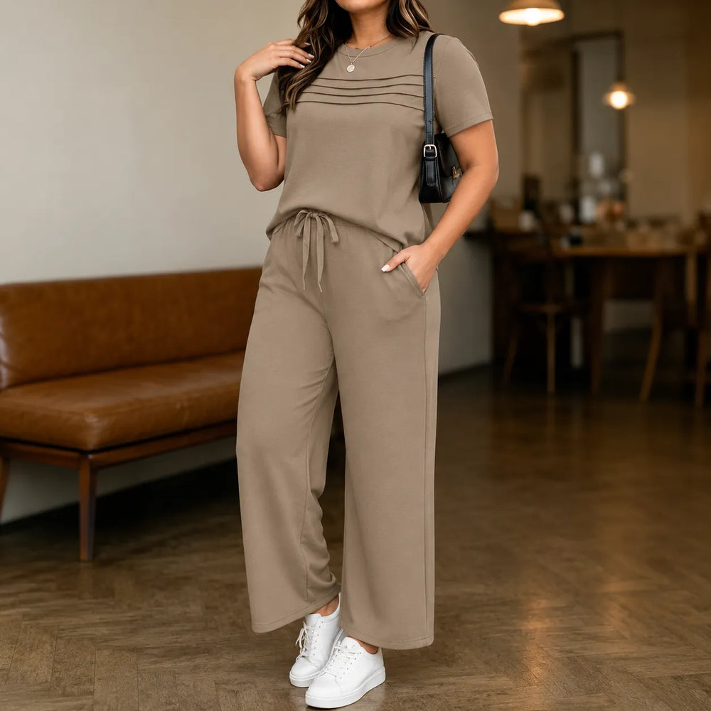 Lounella – Women's Pintucked Lounge Set with Wide-Leg Pants and Pockets