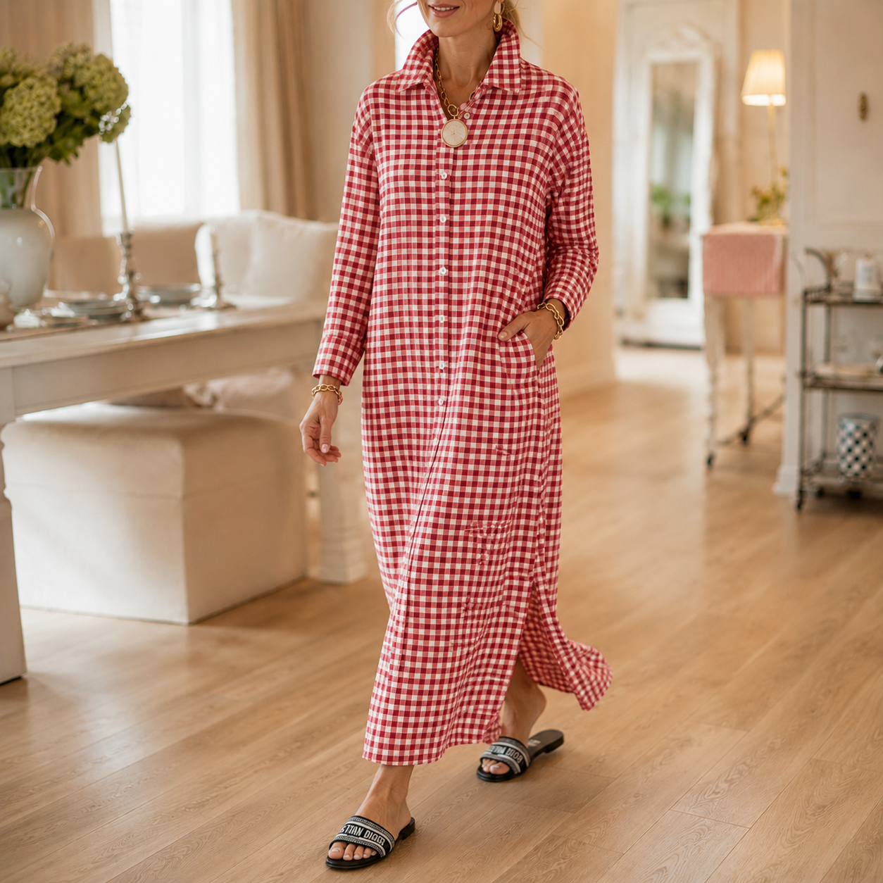 Harlowe™ – Gingham Button-Front Maxi Shirt Dress with Side Slits