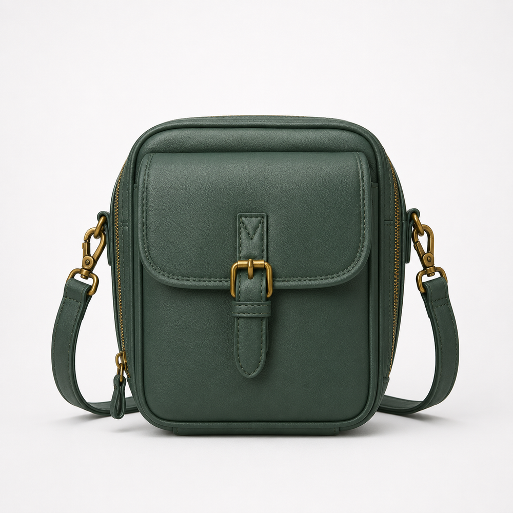 Solene – Structured PU crossbody bag with built-in wallet and glasses compartment