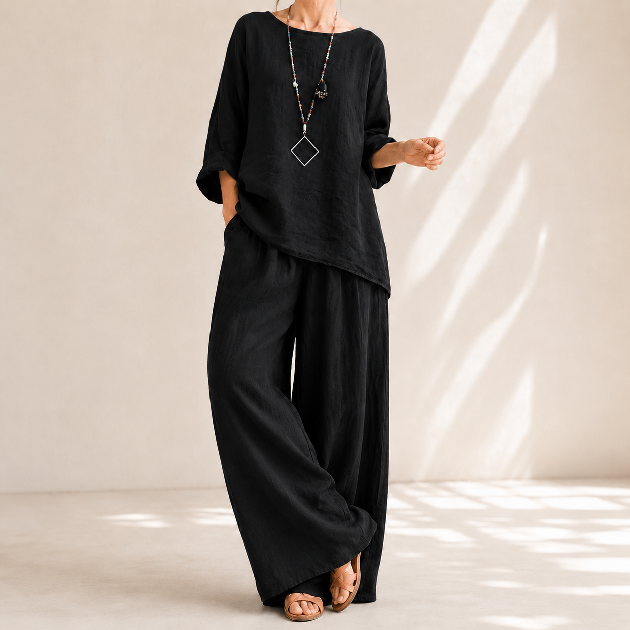 Lunavia™ – Oversized Cotton-Linen Two-Piece Set with Wide-Leg Pants
