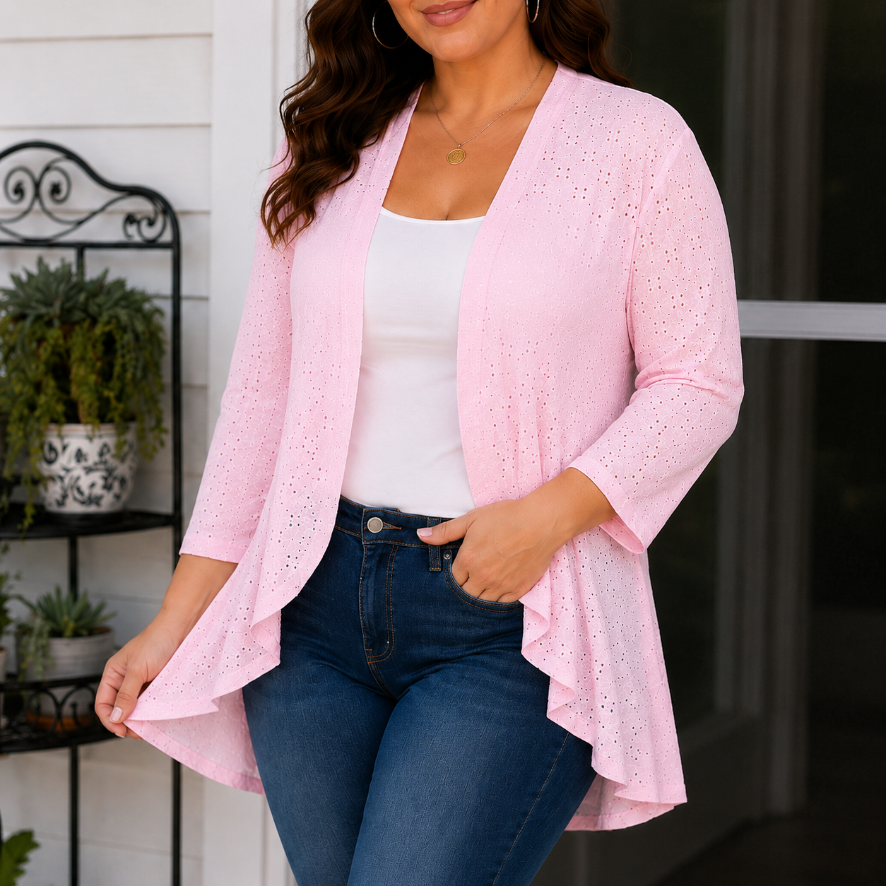 Veluna™ – Lightweight Eyelet Open-Front Cardigan for Women, 3/4 Sleeve Ruffle Hem Summer Layer