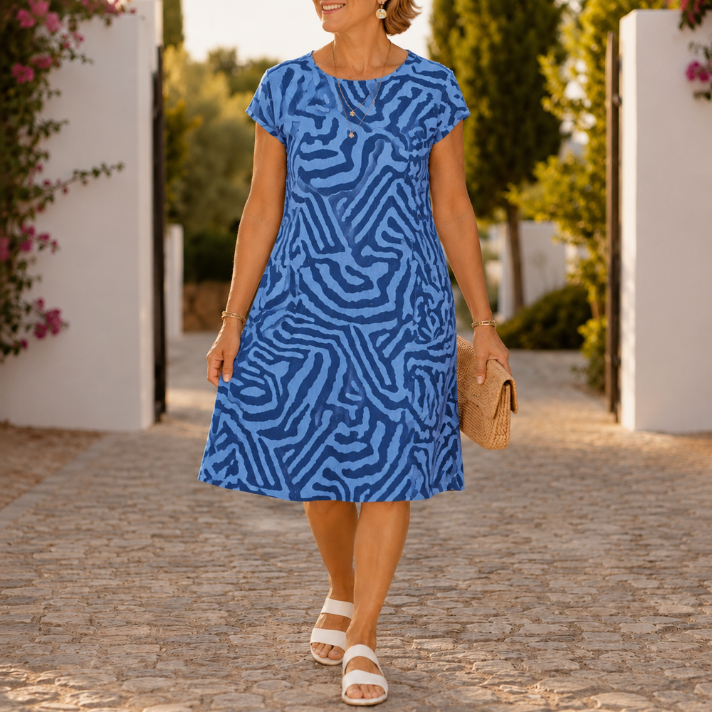 Ingrid™ – Linen Look Midi Shift Dress with Abstract Print, Cap Sleeve