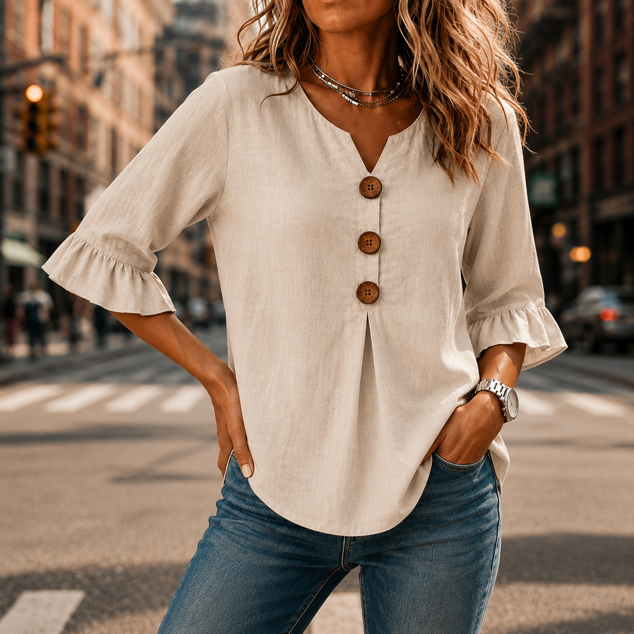 Laurelle™ – V-Neck Ruffle Sleeve Blouse with Buttons