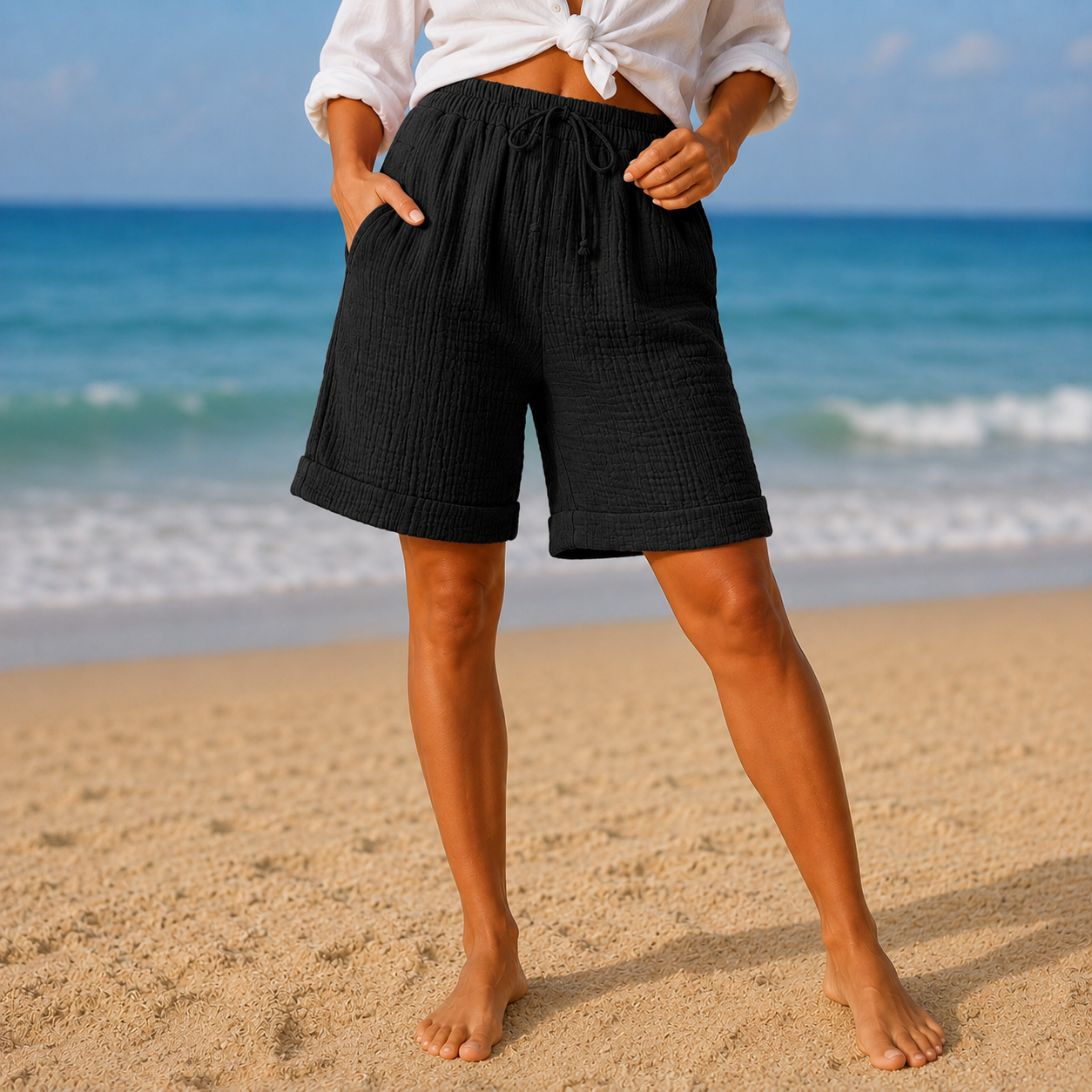 Brisella™ – Crinkle Bermuda Shorts with Drawstring Waist and Pockets