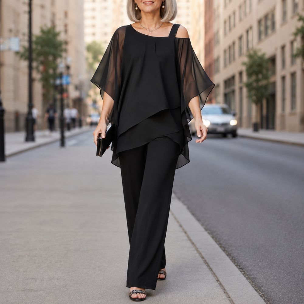 Elorvia™ – Overlay Wide Leg Pantsuit Set for Women