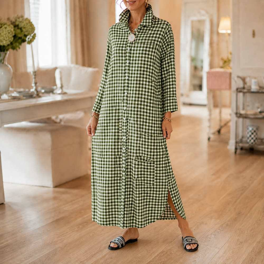 Harlowe™ – Gingham Button-Front Maxi Shirt Dress with Side Slits