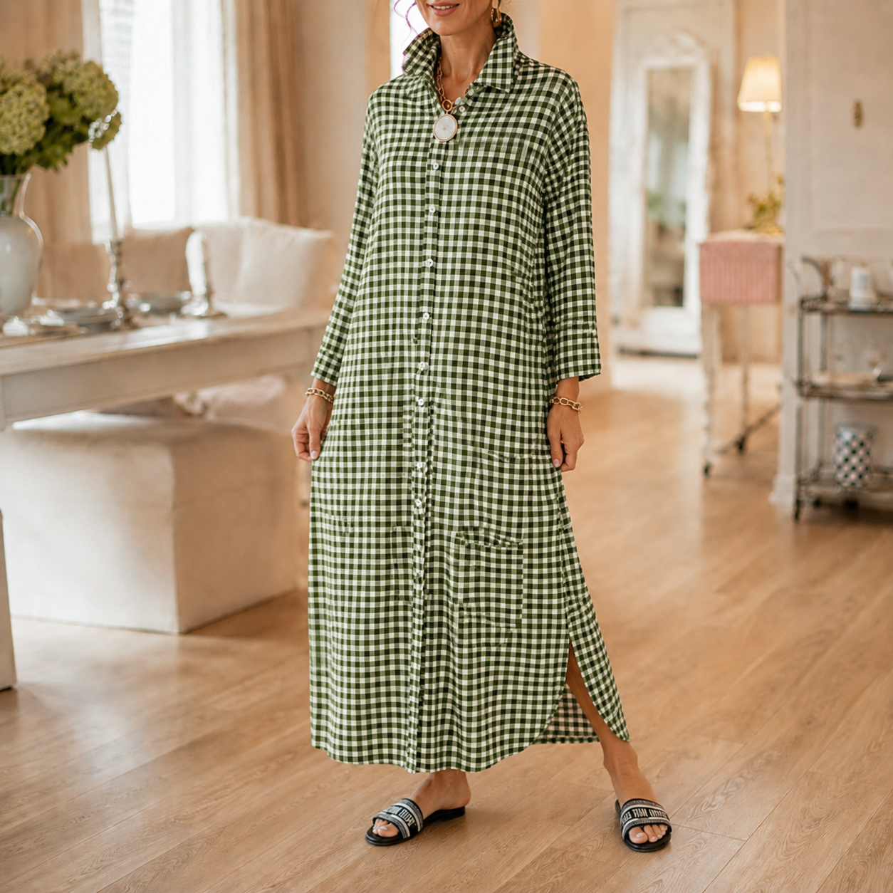 Harlowe™ – Gingham Button-Front Maxi Shirt Dress with Side Slits