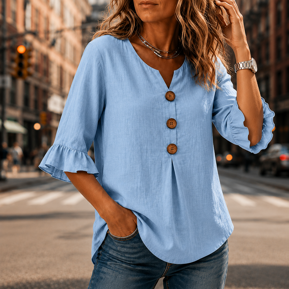 Laurelle™ – V-Neck Ruffle Sleeve Blouse with Buttons