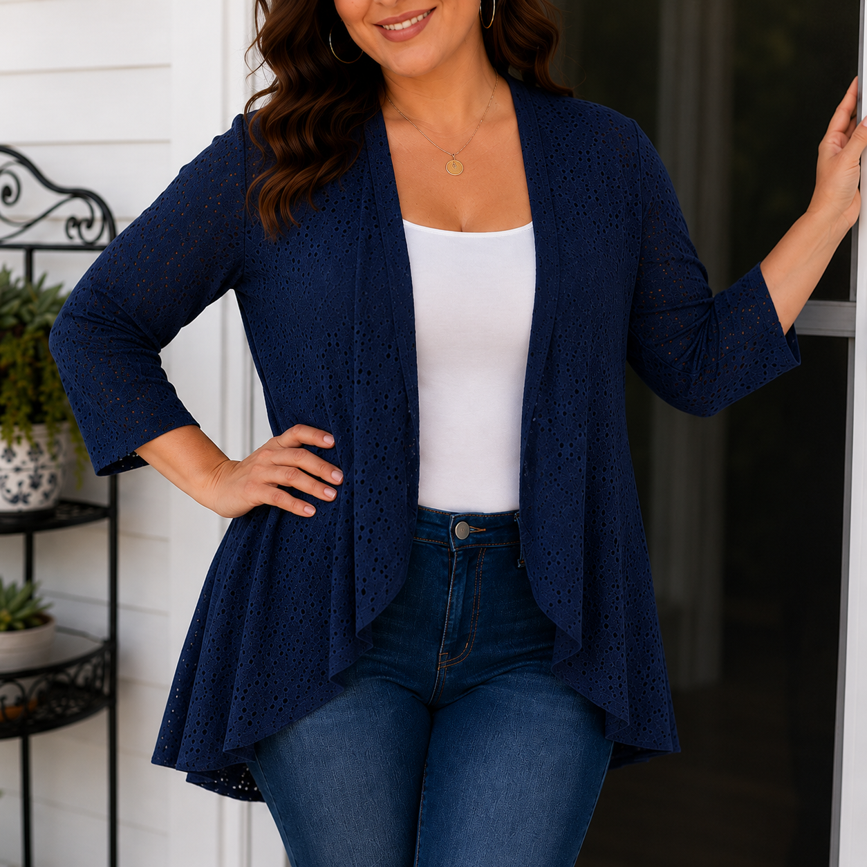 Veluna™ – Lightweight Eyelet Open-Front Cardigan for Women, 3/4 Sleeve Ruffle Hem Summer Layer