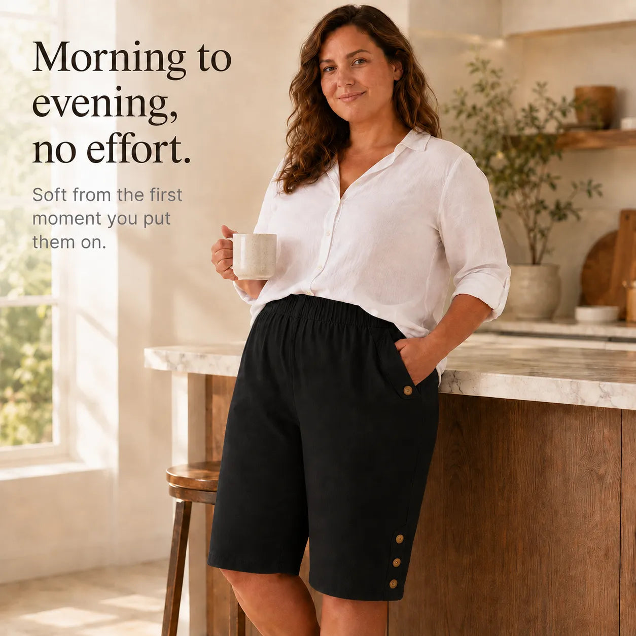 Velora – Plus Size Elastic Waist Capri Pants with Side Button Detail