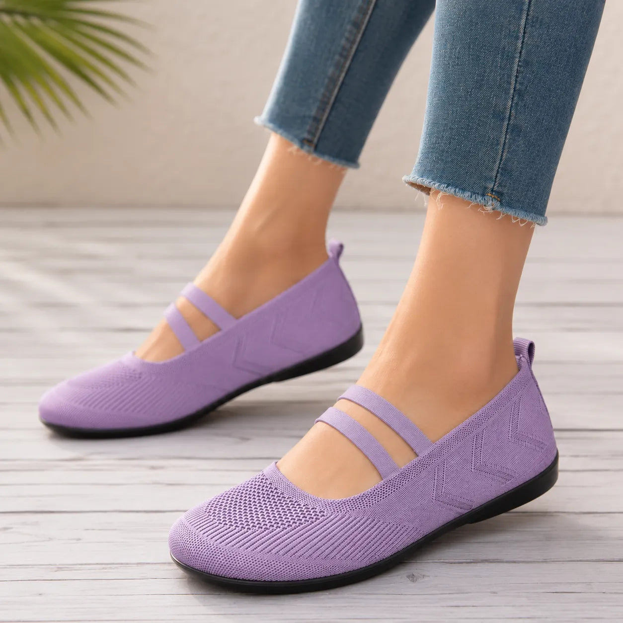 Soffea – Knit Mary Jane Flats with Elastic Straps for Women, Slip On Breathable Ballet Shoes