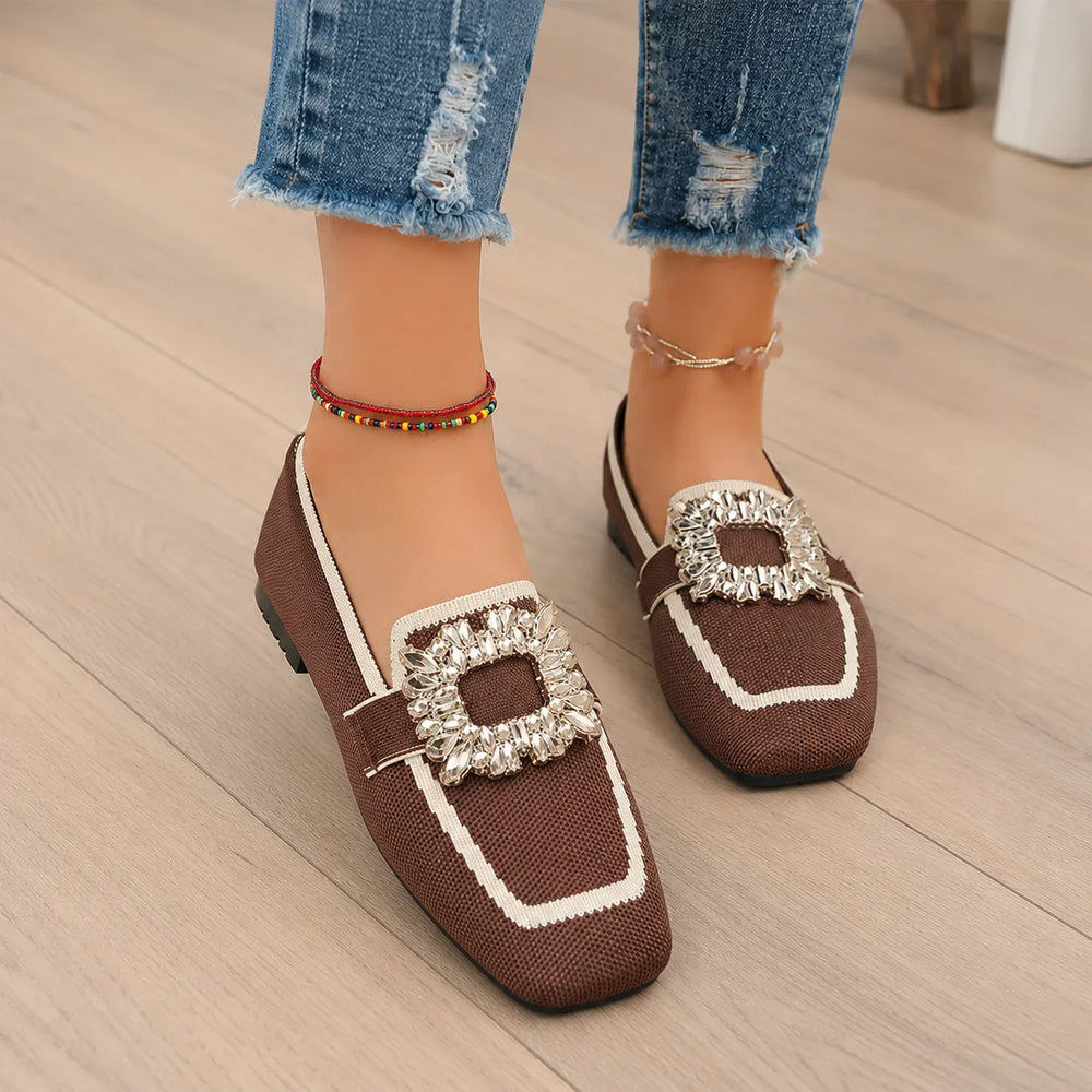 Vellora – Crystal Buckle Knit Loafers, Square Toe Slip-On Flats for Women