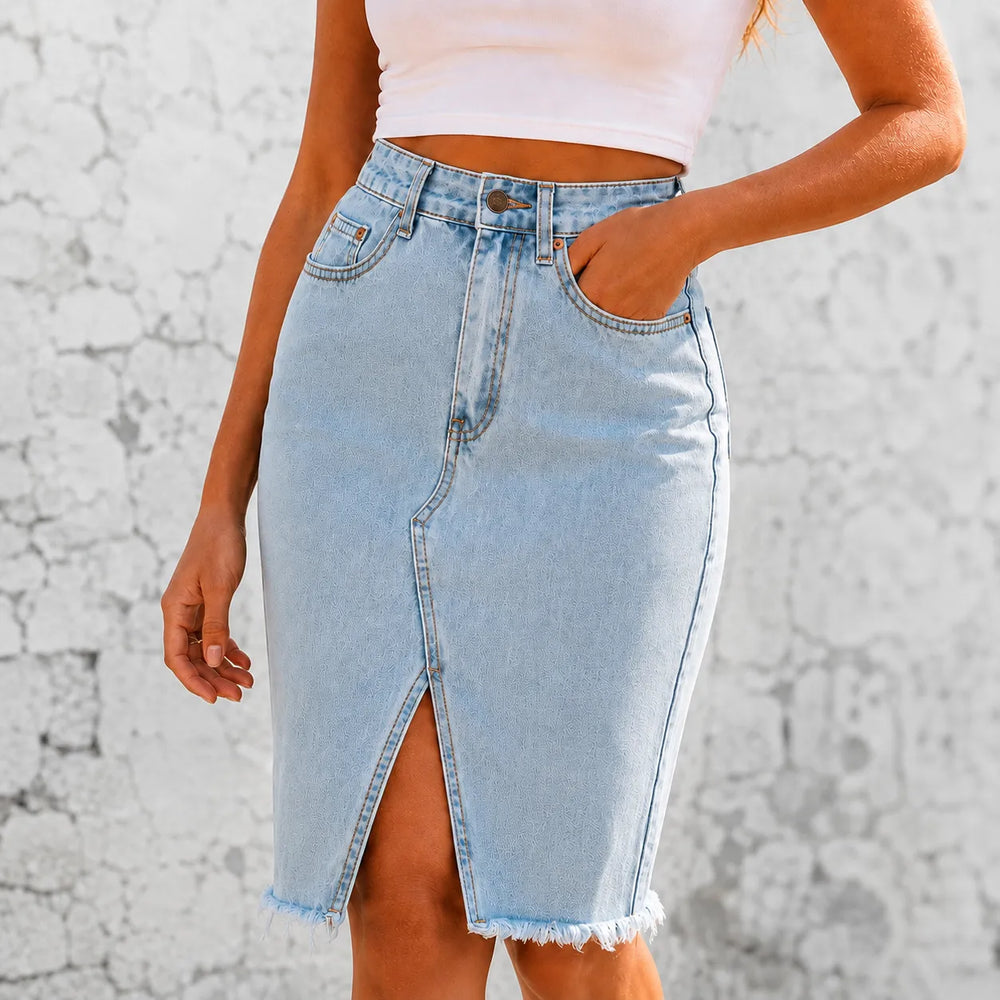 Marivel – High Waisted Denim Midi Skirt with Front Slit and Frayed Hem