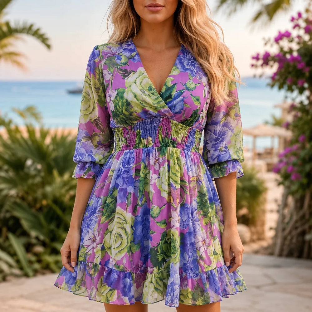 Floriana – Floral V-Neck Smocked Waist Mini Dress with Ruffle Hem