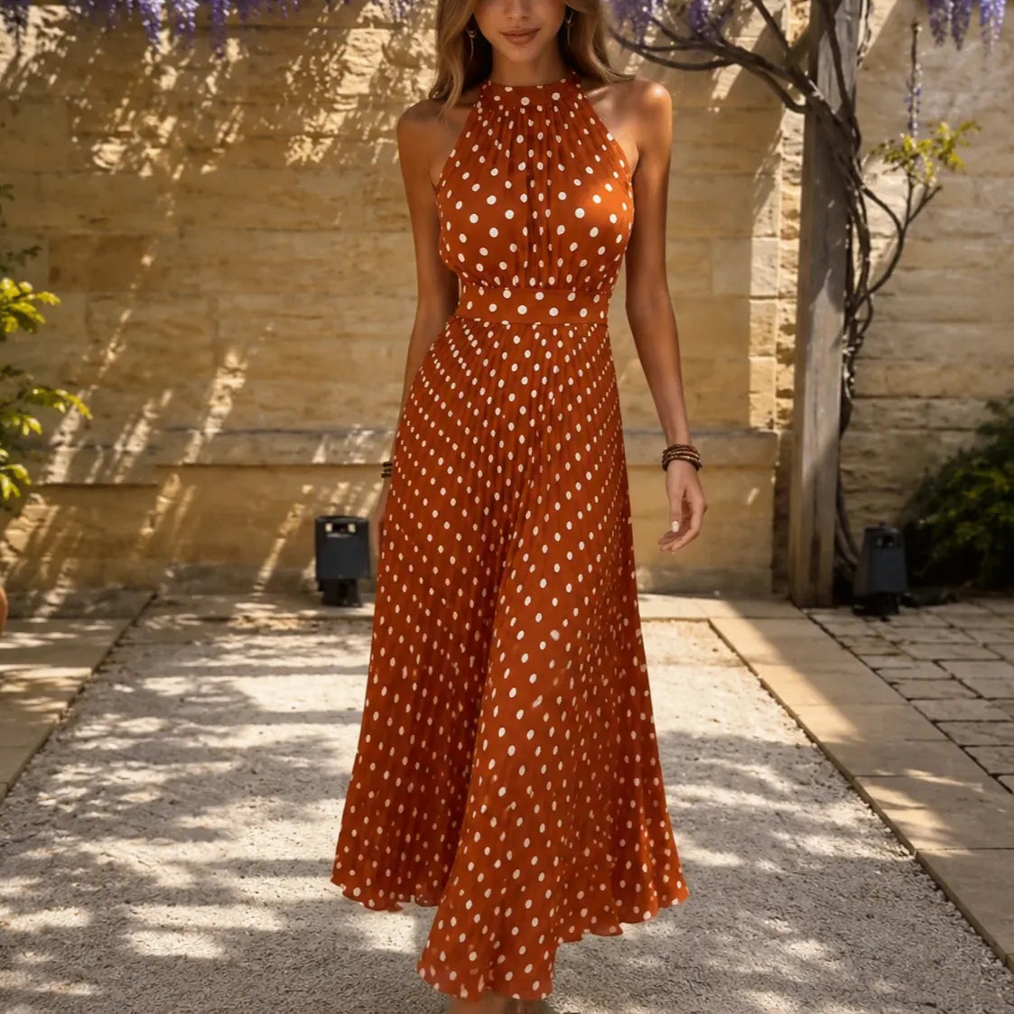 Soliana – Pleated Polka Dot Halter Midi Dress for Women