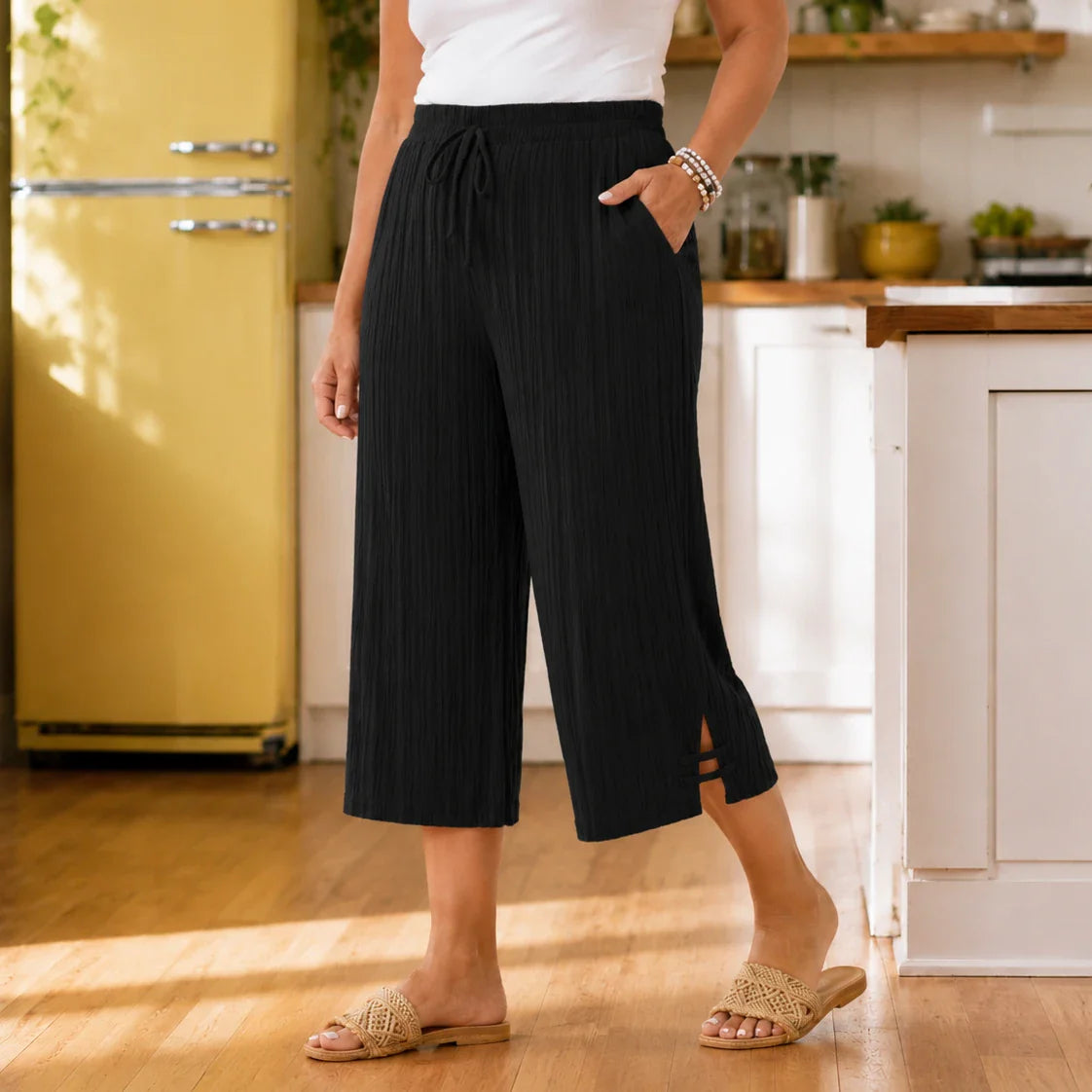 Velora – Ribbed Wide-Leg Capri Pants with Drawstring Waist & Side Slit, Plus Size 1XL–5XL