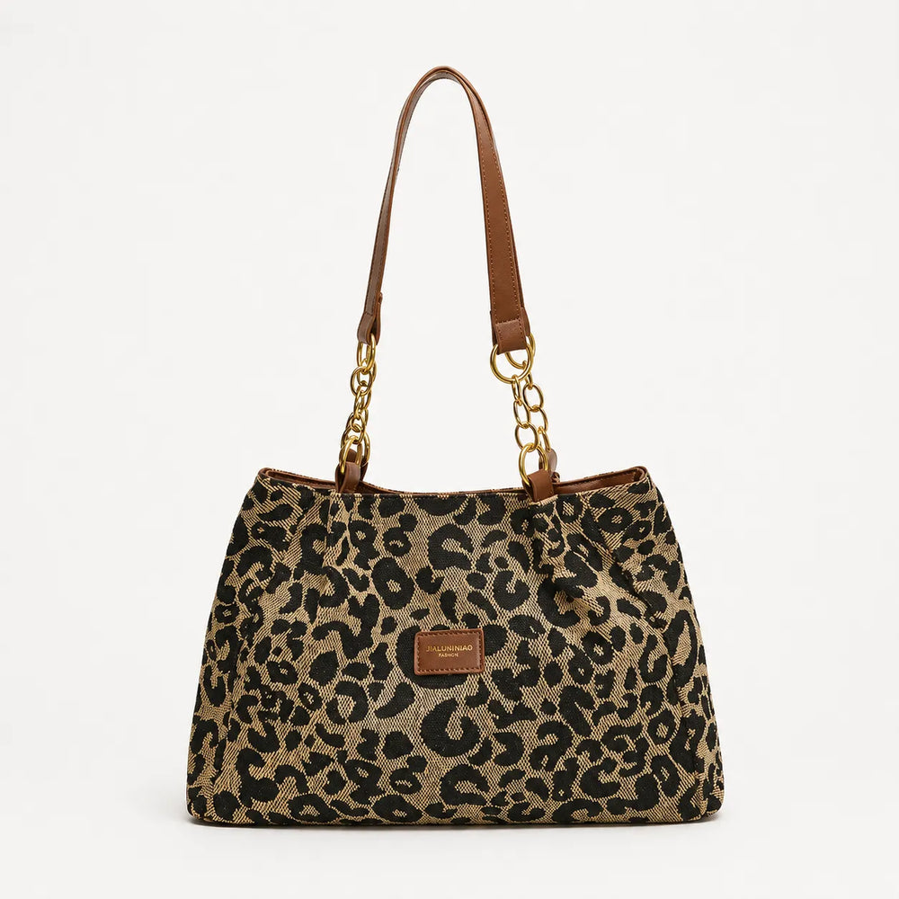 Florella – Woven Leopard Print Tote Bag with Leather Trim and Gold Chain