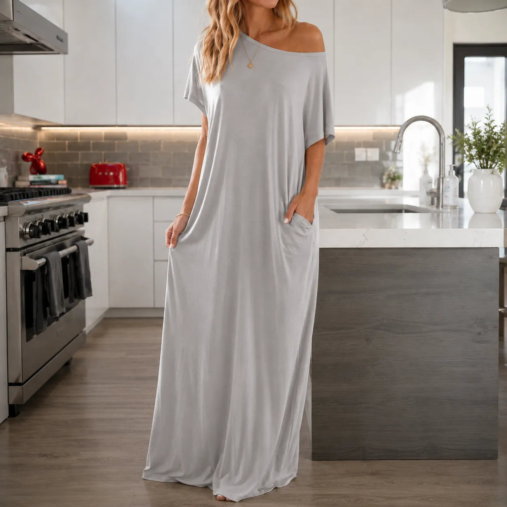 Solenne – Off-Shoulder Drape Maxi Dress with Side Pockets, Soft Viscose Throw-On Summer Dress