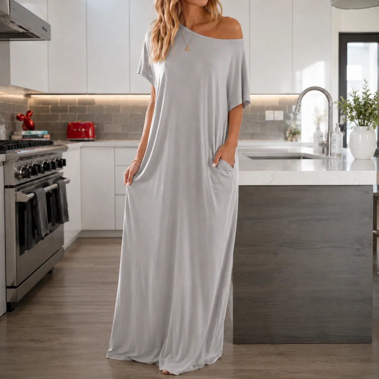 Solenne – Off-Shoulder Drape Maxi Dress with Side Pockets, Soft Viscose Throw-On Summer Dress