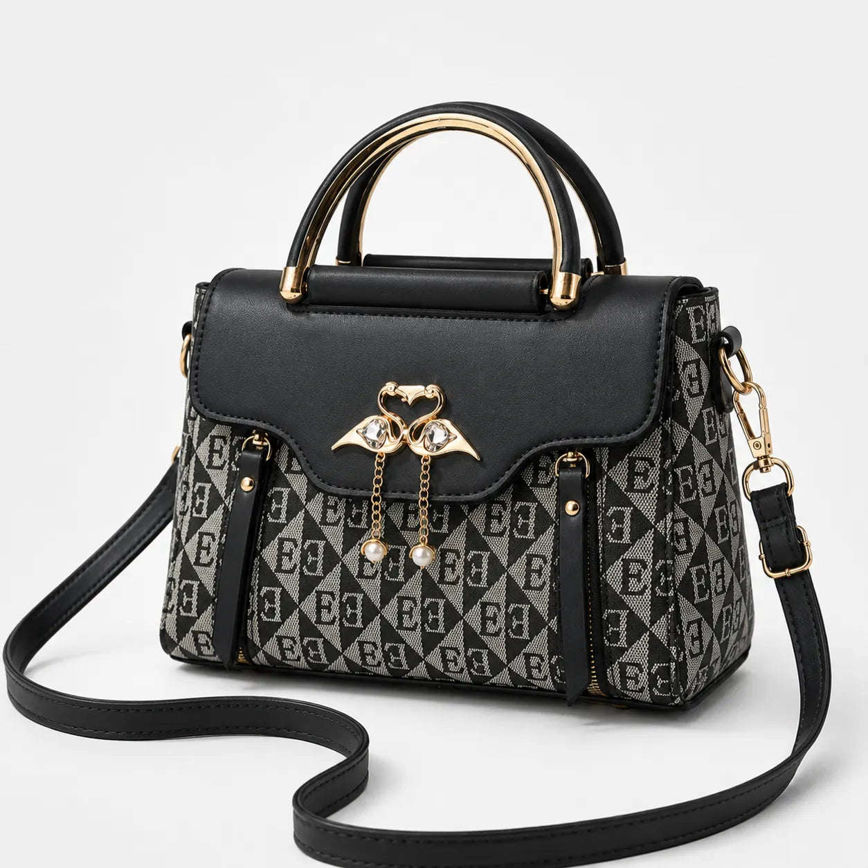 Velora – Swan-Clasp Structured Crossbody Bag with Gold Hardware