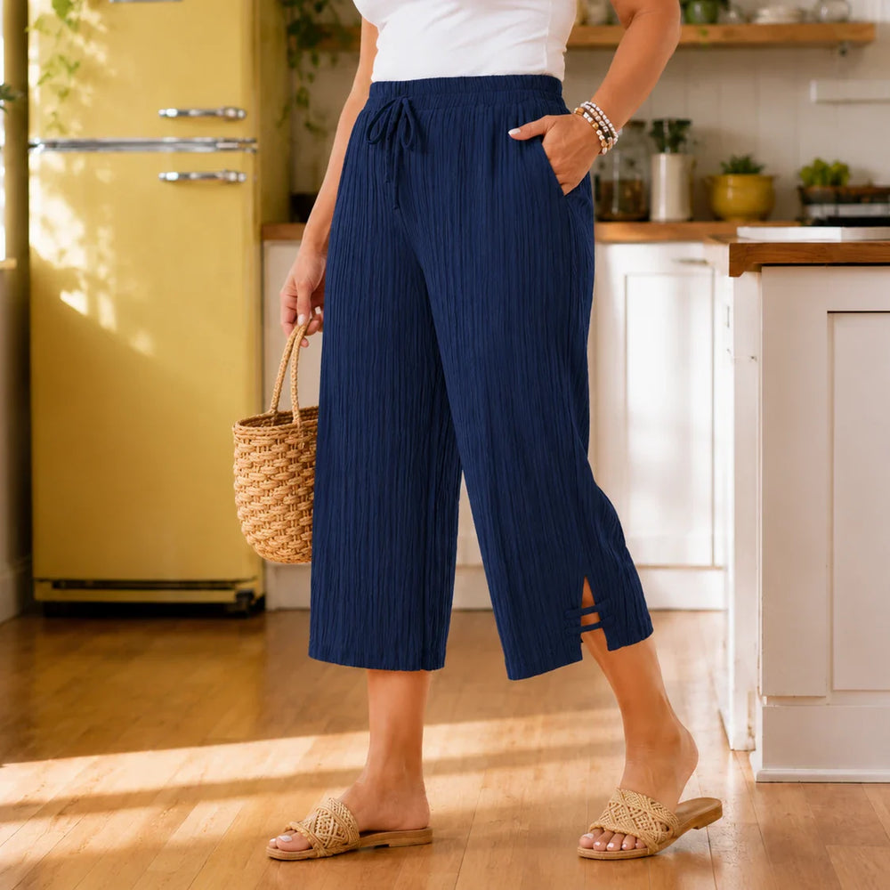 Velora – Ribbed Wide-Leg Capri Pants with Drawstring Waist & Side Slit, Plus Size 1XL–5XL