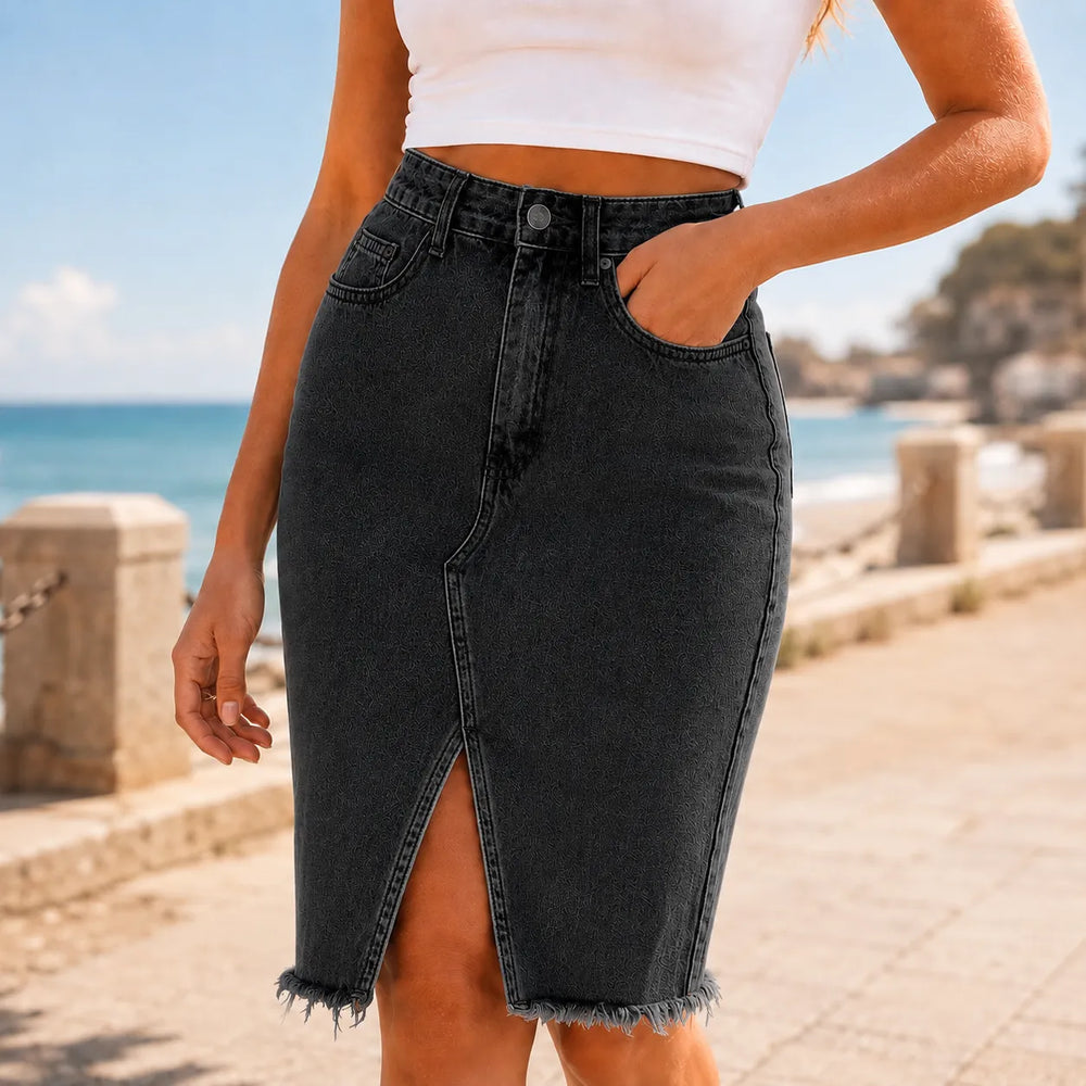 Marivel – High Waisted Denim Midi Skirt with Front Slit and Frayed Hem