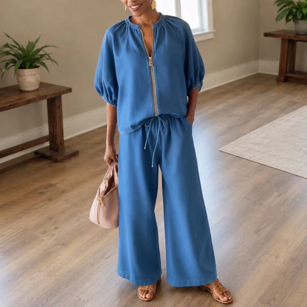 Lunavia – Puff Sleeve Wide Leg Matching Set with Drawstring Waist