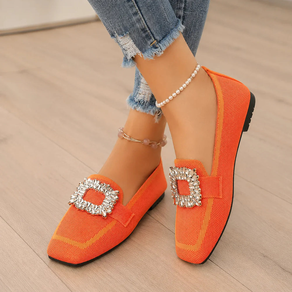 Vellora – Crystal Buckle Knit Loafers, Square Toe Slip-On Flats for Women