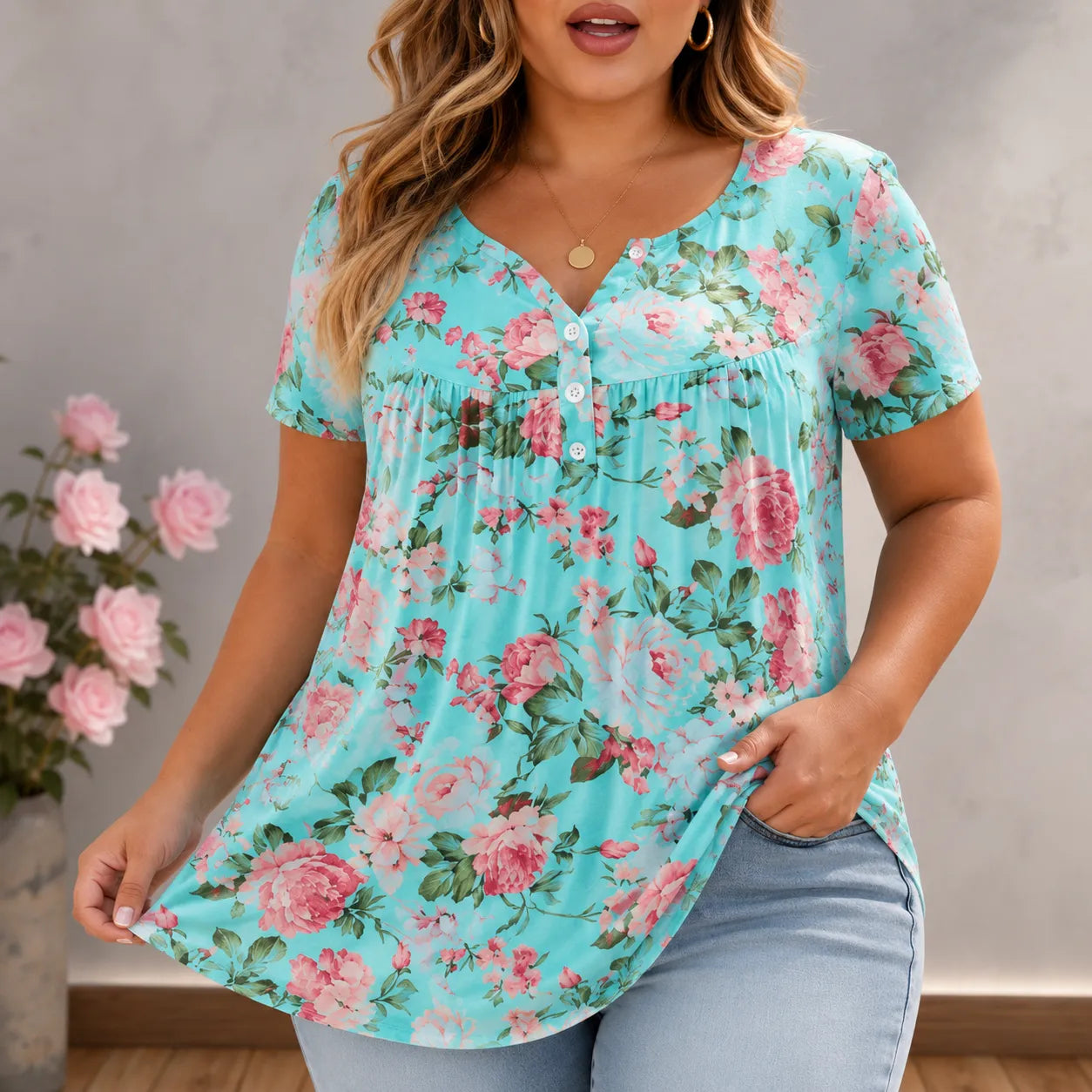 Florenza – Women's Floral Pleated Henley Tunic Top, Flowy Short Sleeve V-Neck Button Up Shirt for Jeans