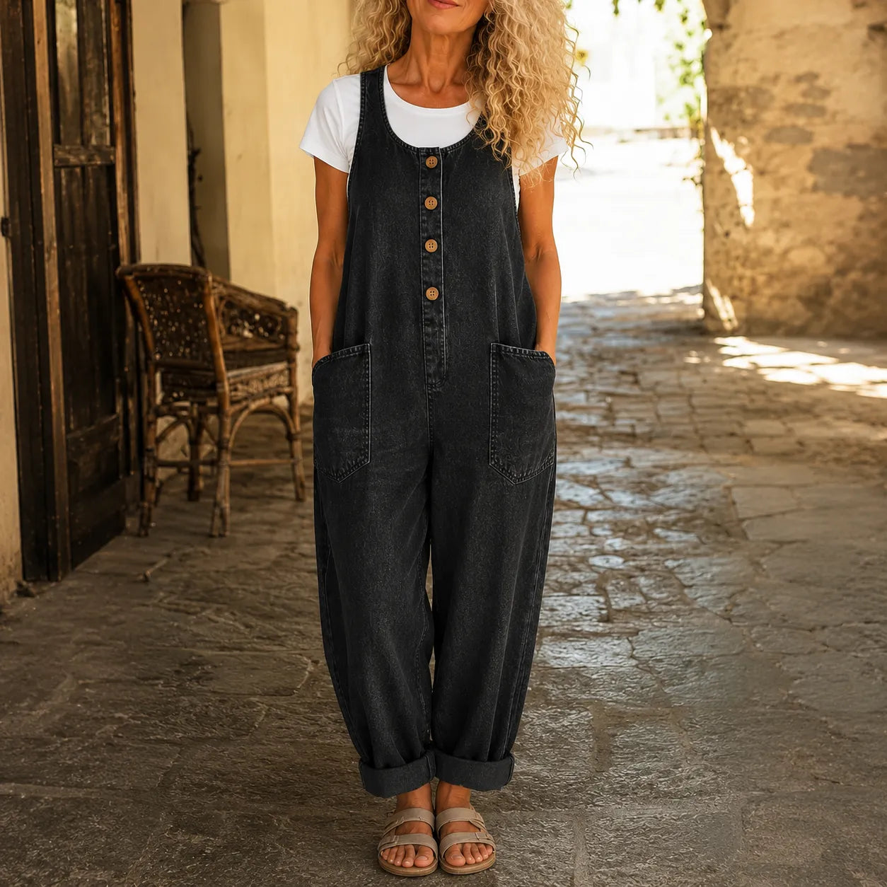 Lora – Vintage Overalls with Button Front and Patch Pockets