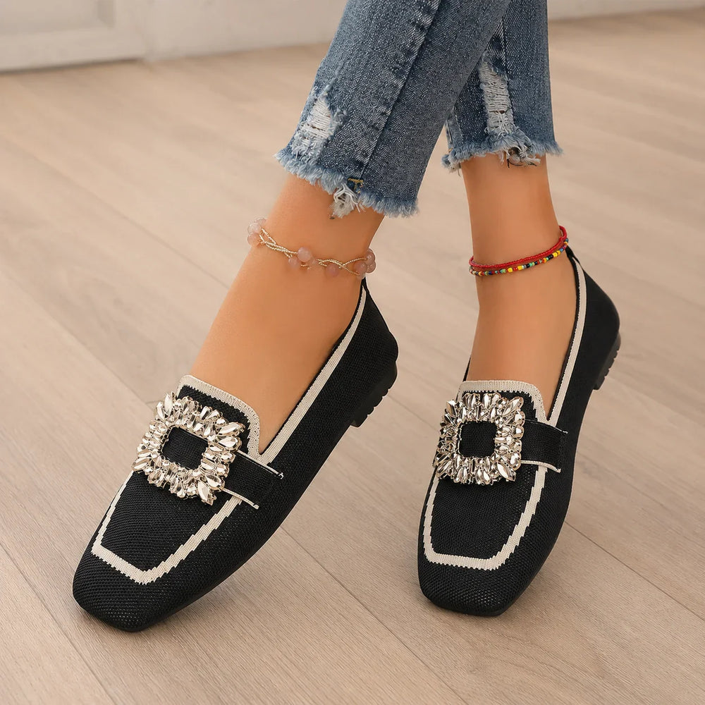 Vellora – Crystal Buckle Knit Loafers, Square Toe Slip-On Flats for Women