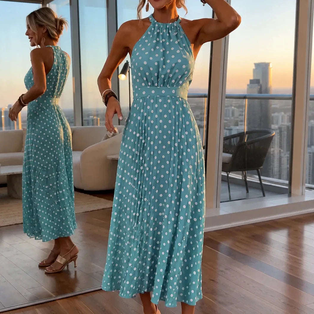 Soliana – Pleated Polka Dot Halter Midi Dress for Women