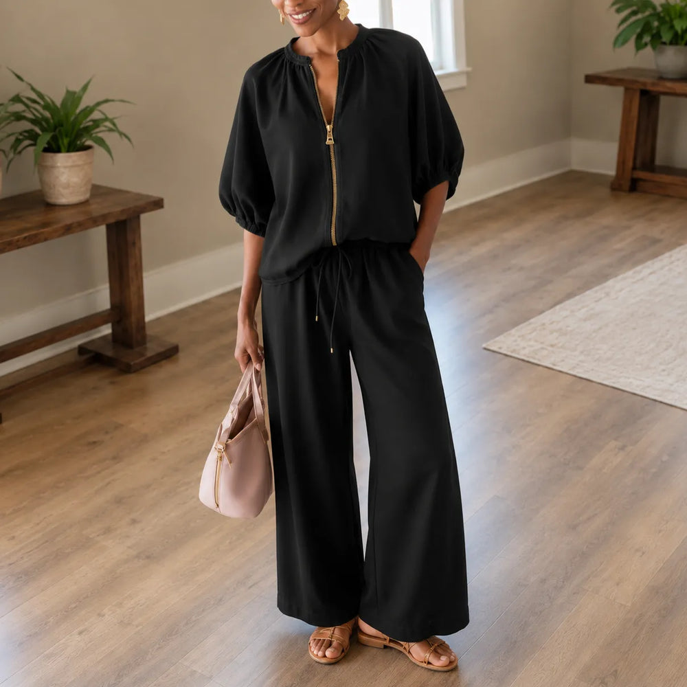 Lunavia – Puff Sleeve Wide Leg Matching Set with Drawstring Waist