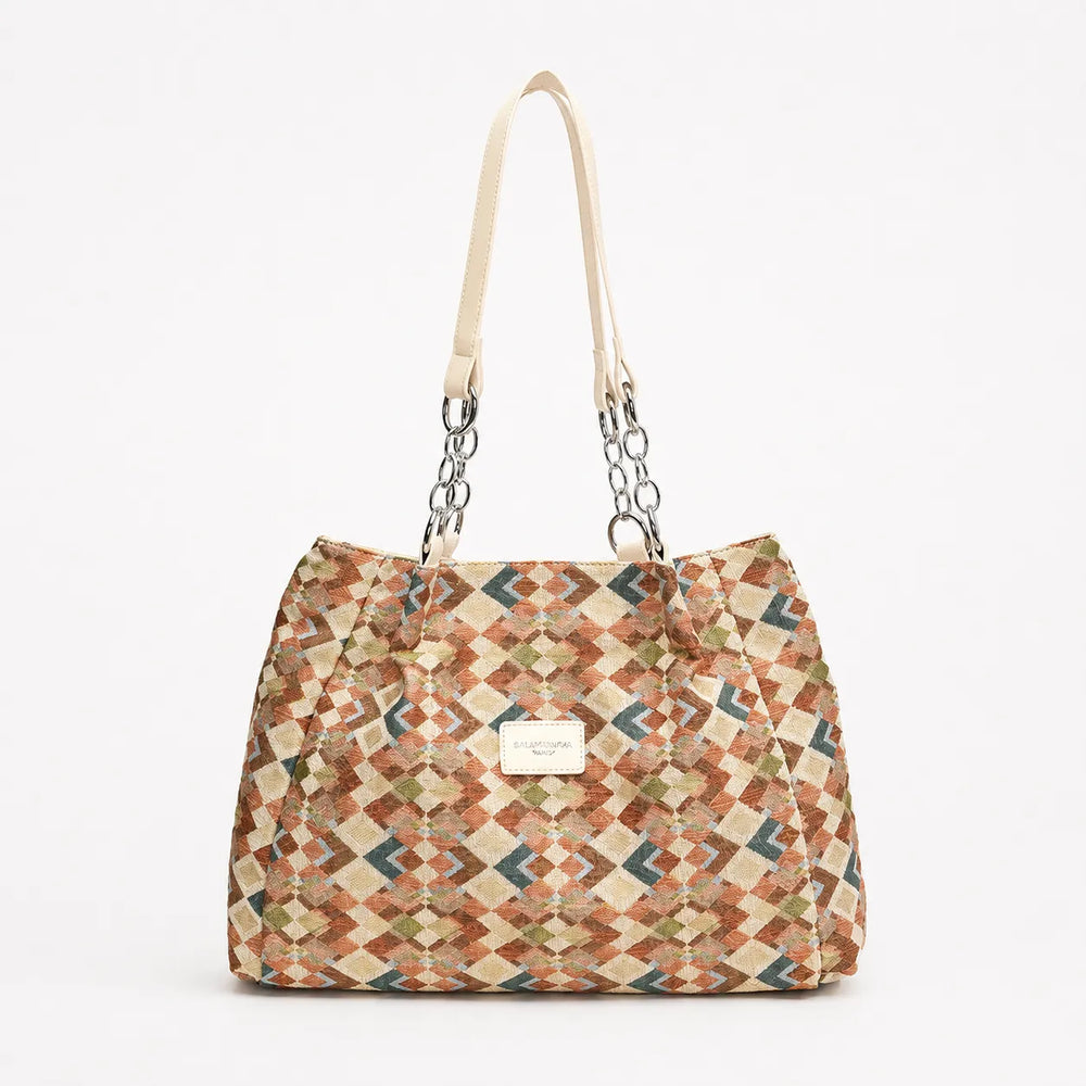 Florella – Woven Leopard Print Tote Bag with Leather Trim and Gold Chain