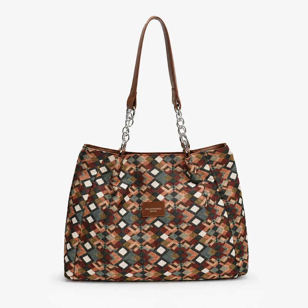 Florella – Woven Leopard Print Tote Bag with Leather Trim and Gold Chain