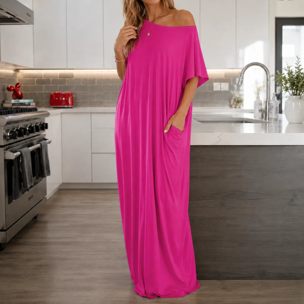 Solenne – Off-Shoulder Drape Maxi Dress with Side Pockets, Soft Viscose Throw-On Summer Dress